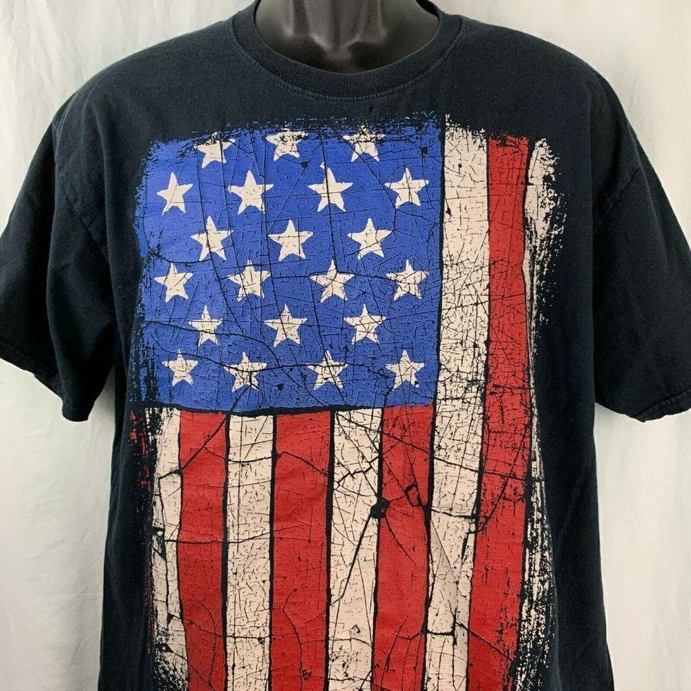 Vintage American Flag T Shirt L Black Graphic Heavy Cotton Short Sleeves Crew
